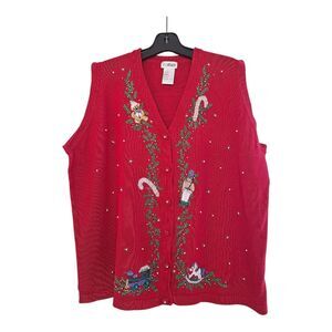 Vintage Embroidered Ugly Christmas Sweater Vest LONGLINE Beaded STUNNING size 2X